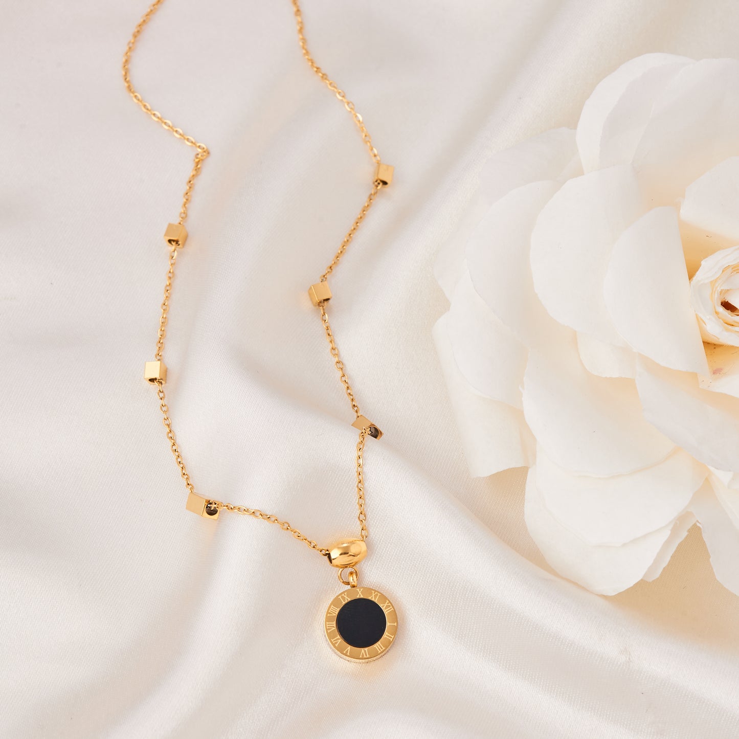 Gold & Black Enamel Pendant Necklace For Women