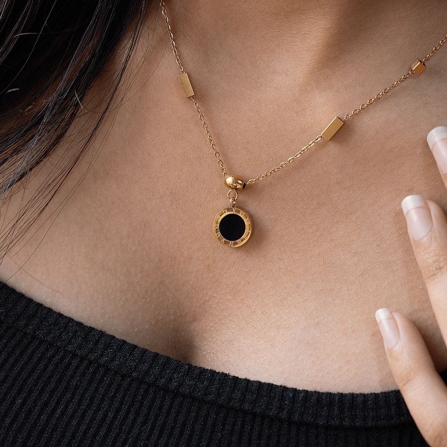 Gold & Black Enamel Pendant Necklace For Women