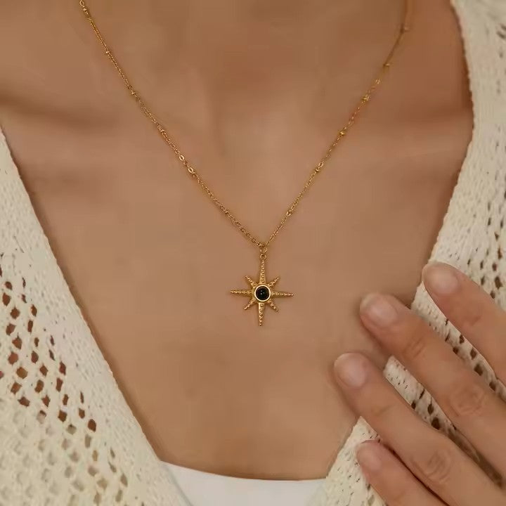 Celestial North Star Pendant With Black Stone Center Necklace