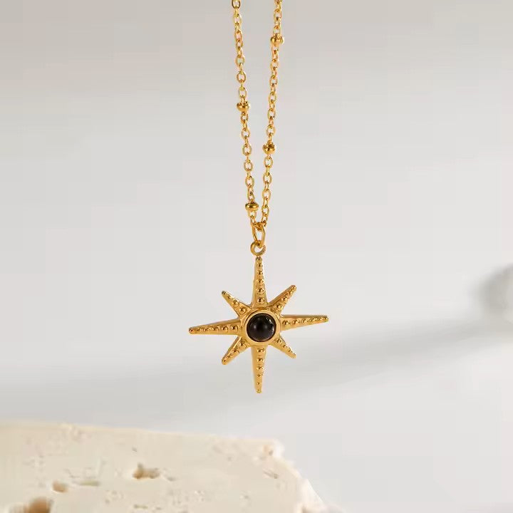 Celestial North Star Pendant With Black Stone Center Necklace