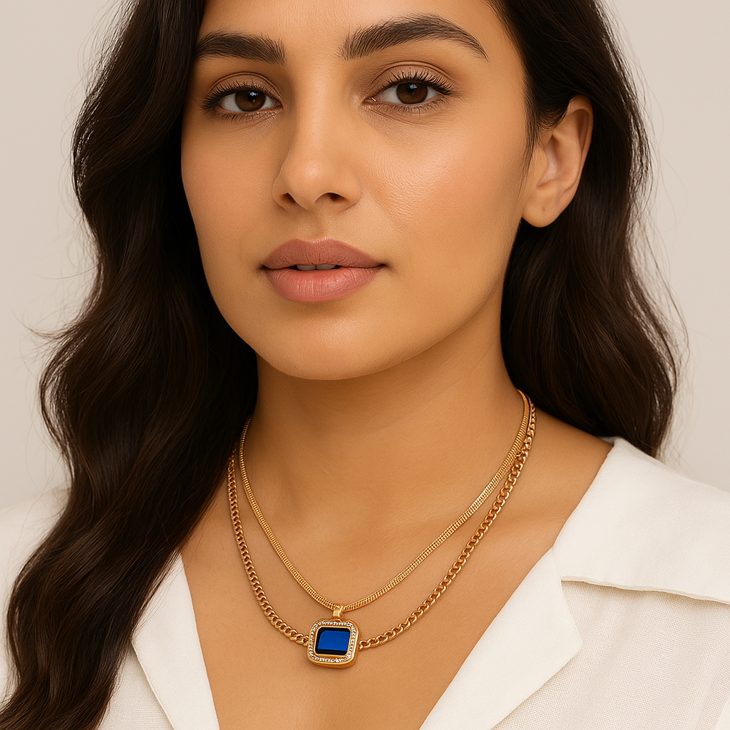 Chunky Blue Diamond Layered Necklace For Women