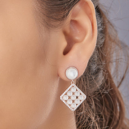 Geometric Pearl Cluster Drop Earrings For Women